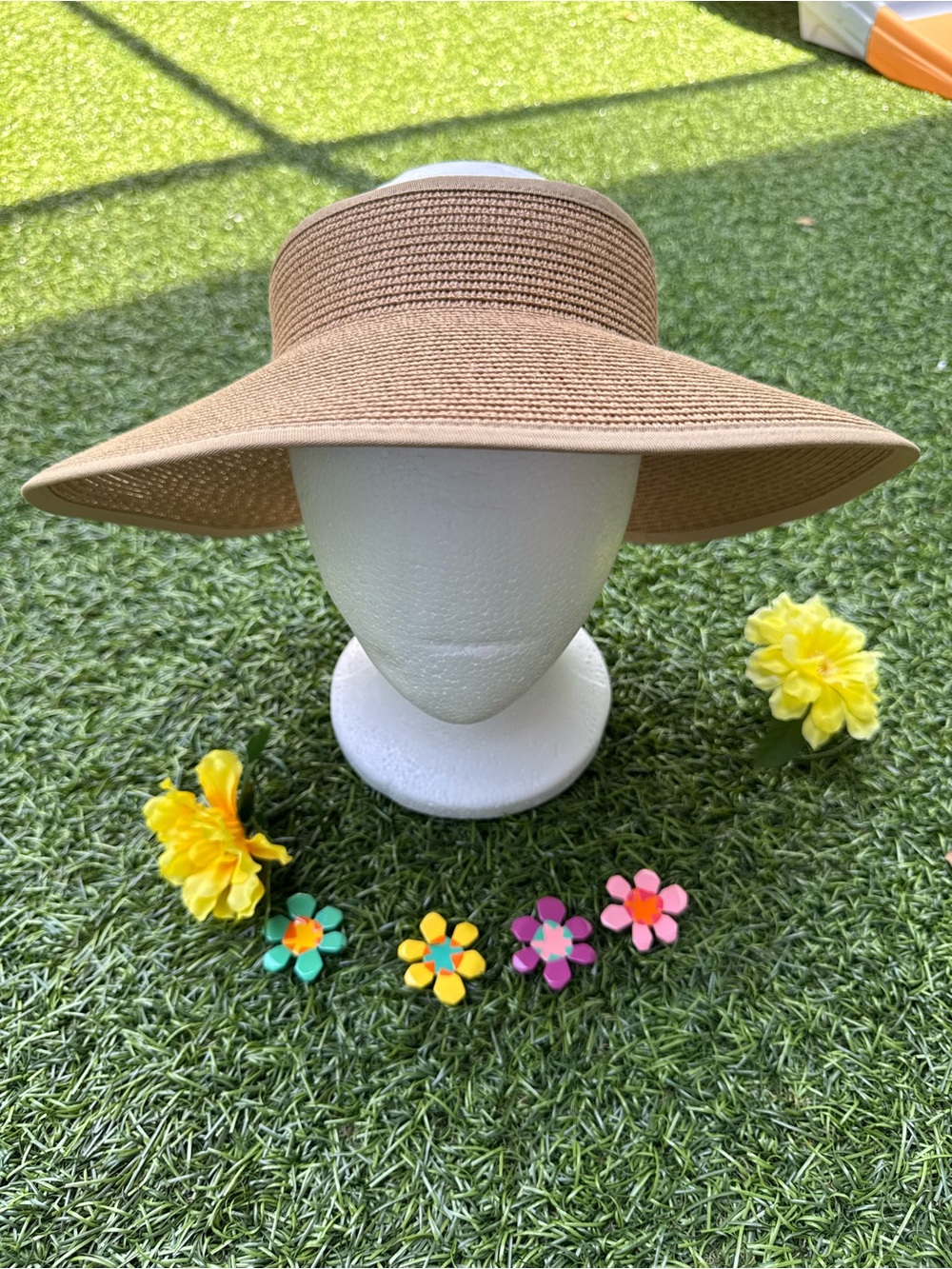 ☀️ Tan Straw Sun Visor Hat Wide Brim Open Top Foldable Packable